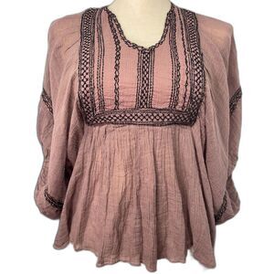 FP One Free People Embroidered Bib Gauze Blouse S Mauve Boho Convertible Top